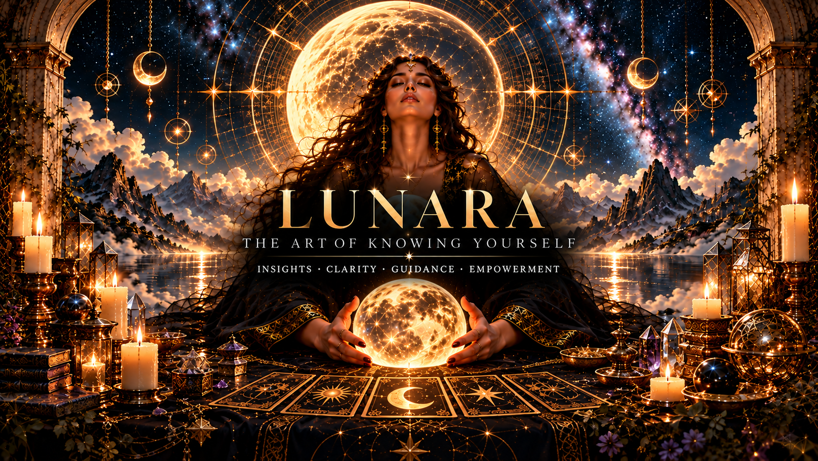 Lunara celestial oracle surrounded by golden stars, moonlight and tarot symbolism