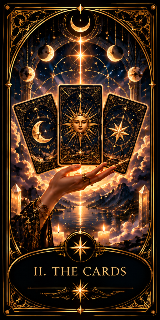 The Cards — three mystical tarot cards surrounded by celestial energy
