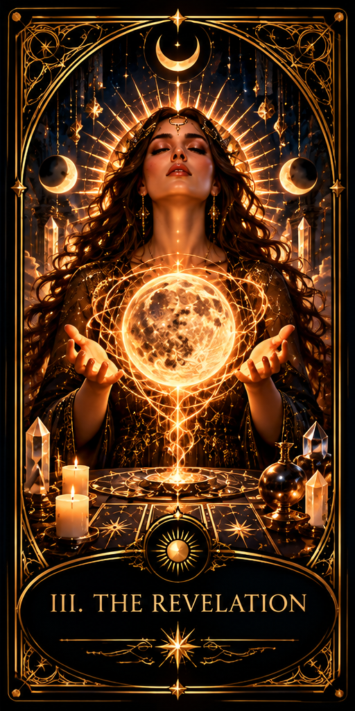 The Revelation — a celestial oracle presenting a glowing sphere